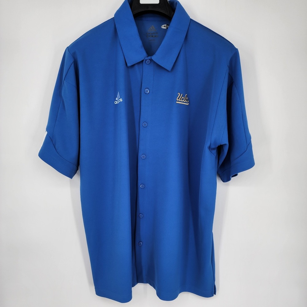 UCLA Button Up Camp Shirt Men's XL Blue Short Sleeve Adidas Clima Cool NCAA